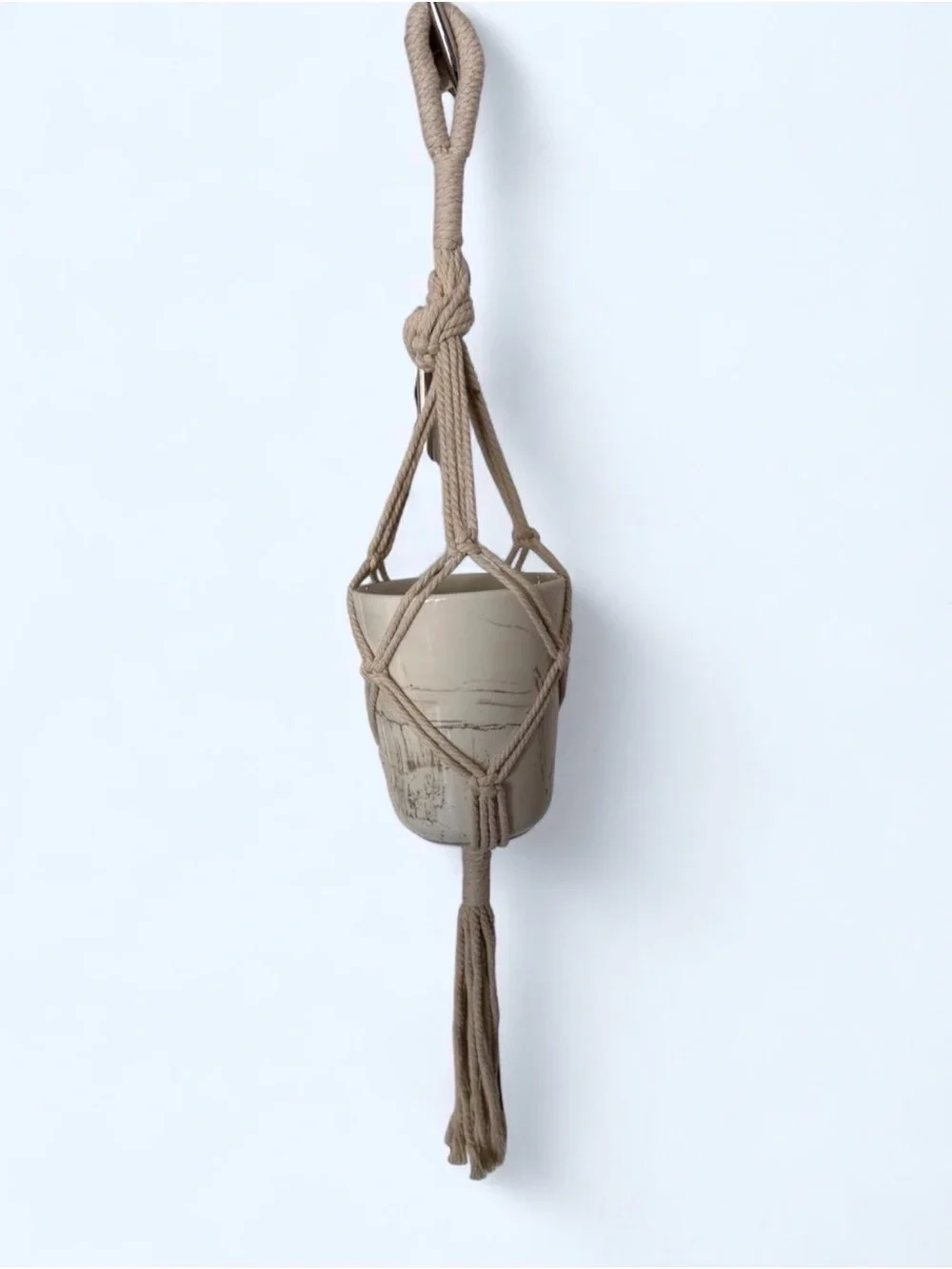 Beige Macrame Hanging Plant Holder with Ceramic Pot